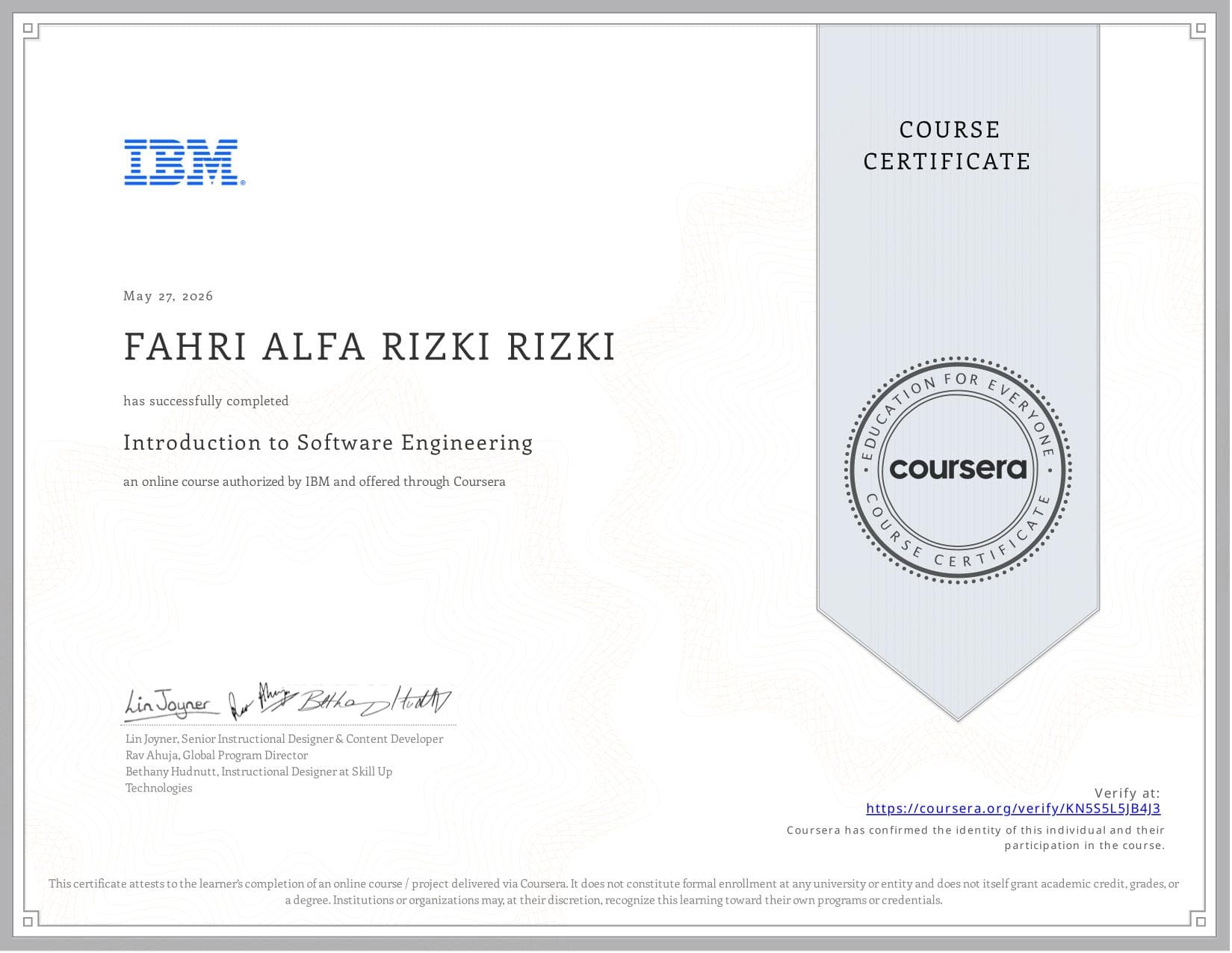 Certificate of Introduction to Software Engineering by IBM